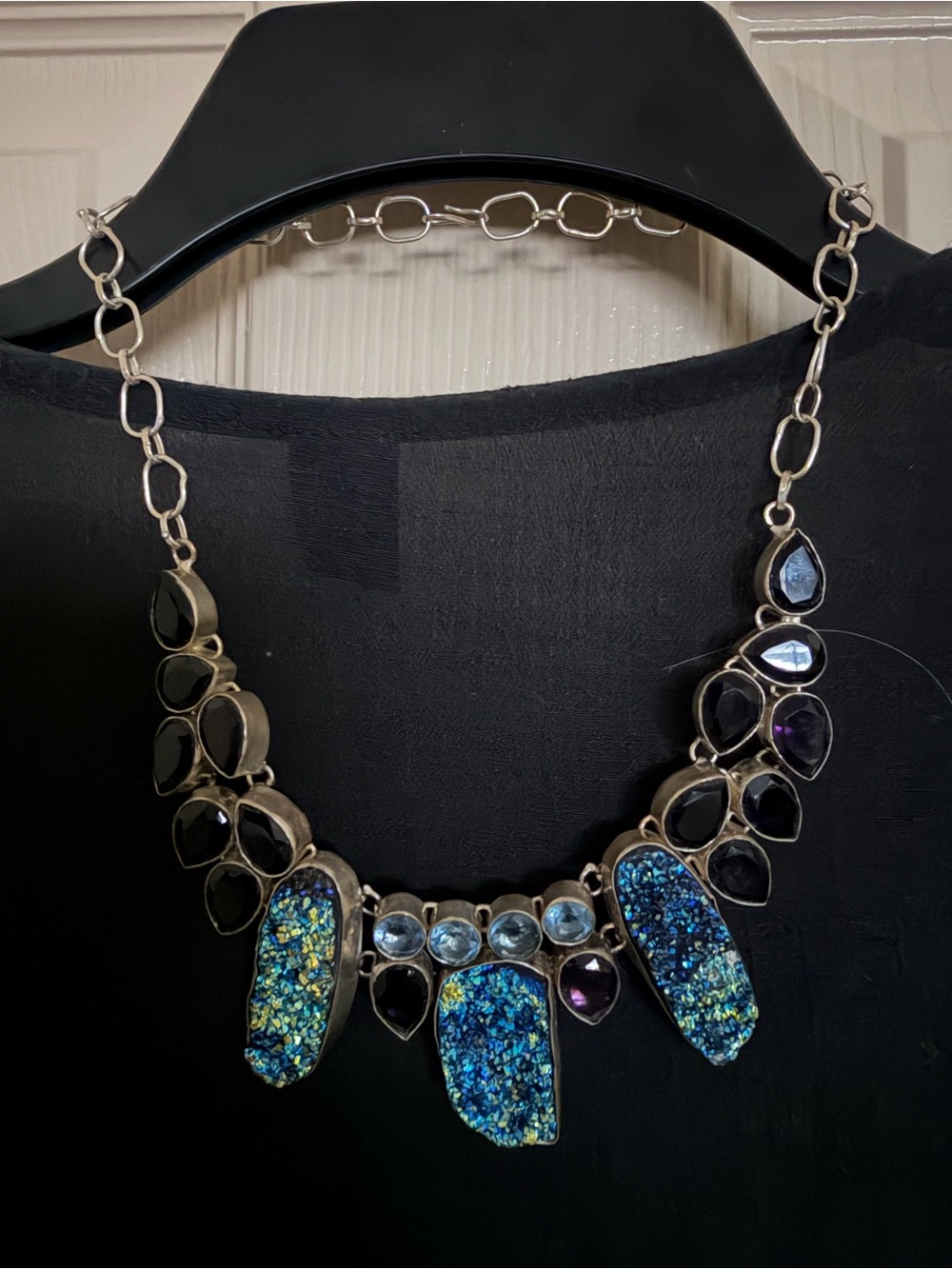 Semi-Precious Stone Statement Necklace with Blue Druzy and Dark Gem Accents